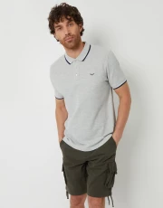 Men's Grey Marl Herringbone Tipping Detail Pique Polo Shirt