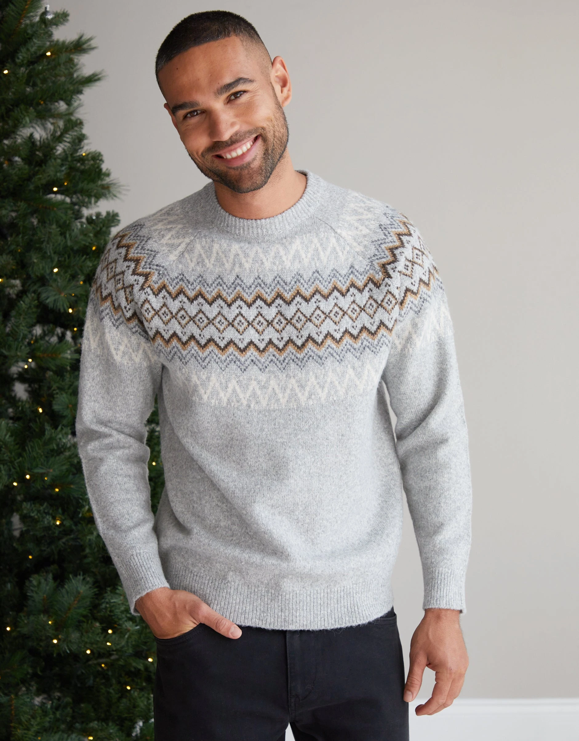 Men's Grey Marl Raglan Fairisle Christmas Jumper