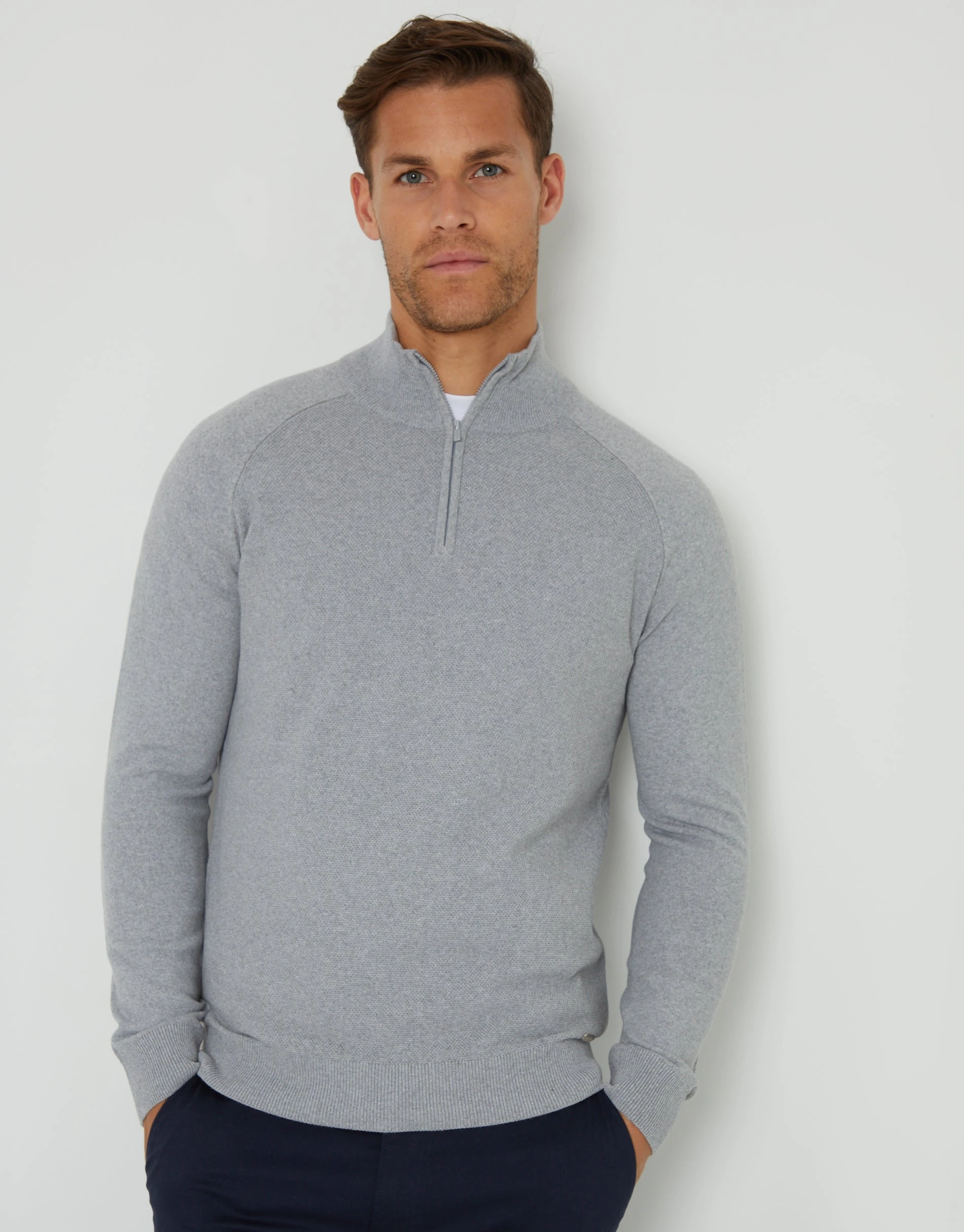 Men's Grey Marl Raglan Knitted Quarter Zip Jumper