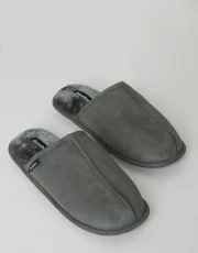 Men's Grey Suedette Mule Slippers with Faux Fur Lining