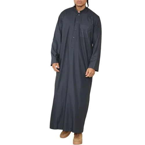 Mens Grey Thobe Jubba Saudi Islamic Arabic Eid Cotton Kaftan Jubbah Umrah Robe