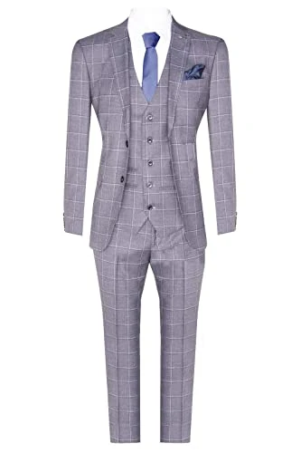 Mens Grey Wool Suit 3 Piece Check Vintage Smart Wedding Classic Tailored Fit