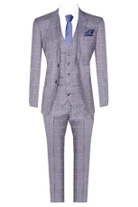 Mens Grey Wool Suit 3 Piece Check Vintage Smart Wedding Classic Tailored Fit