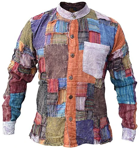 Men's Grid Patchwork Cotton Long Sleeve Casual Grandad Collarless Shirt Tops Kurtas Medium