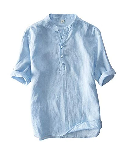 Mens Half Sleeve Casual Top Linen T-Shirt Grandad Collar Leisure Light Blue XXL