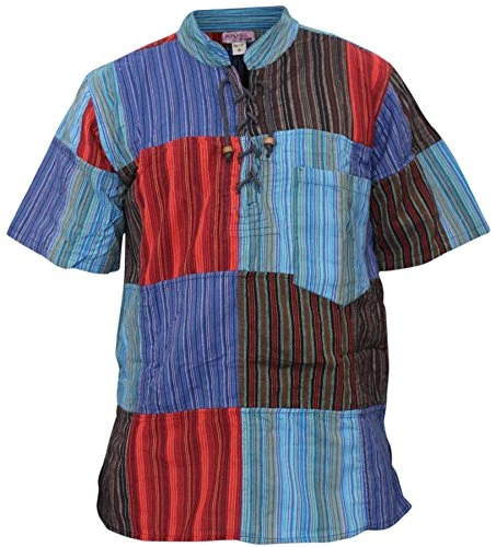 Mens Half Sleeve Patch Hippie Grandad Shirt (L,Stripe Patchwork)