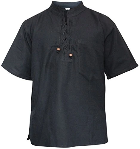 Mens Half Sleeved Hippie Grandad Shirt(4XL,Black)