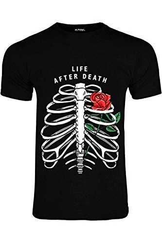 Mens Halloween Skull Hat Short Sleeve T Shirt Skeleton Flower Black Small