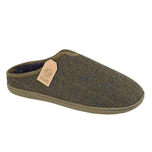 Mens Hamish Check Tweed Fur Lined Mule Slippers UK Sizes 7-12 (Khaki, Numeric_7)