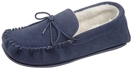 Mens Hand Crafted Sheepskin Suede Wool Lined Moccasin Slippers Navy Size UK10 Mens Hand Crafted Sheepskin Suede Wool Lined Moccasin Slippers Navy Size UK10