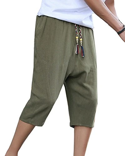 Mens Harem Pants Cropped Trousers Chino Lightweight Elasticated Waist Baggy Plus Size Army Green XL