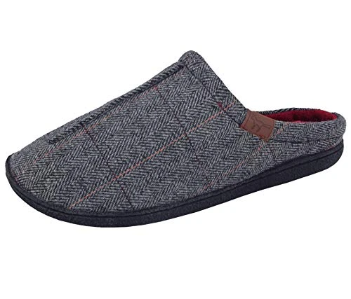 Mens Harrison  Tweed Faux Fur Lined Slip On Mules Slippers Size 7-12 (UK 7, Grey)