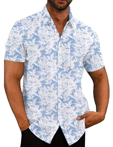 Men's Hawaiian Shirt Casual Shirt Short Sleeved Summer Shirt Holiday Beach Shirts Regular Fit Floral Shirts Blue-White Leaves 3XL