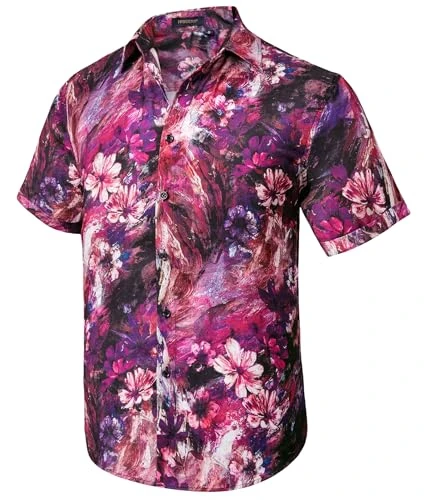 Men's Hawaiian Shirt Short Sleeve Button Down Floral Aloha Shirts for Summer Beach Pink/Purple M