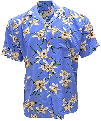 Men's Hawaiian Shirt - Star Orchid Navy | 100% Rayon, Button Down, Made in Hawaii, Summer Aloha Beac