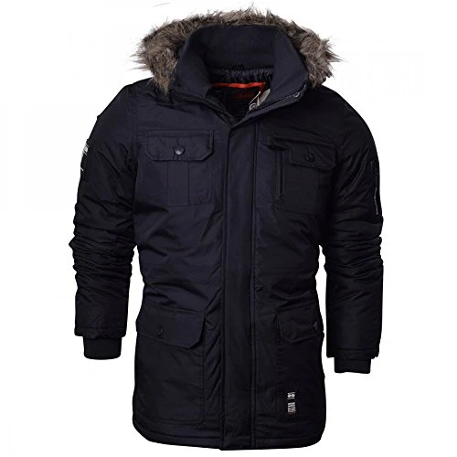 Mens Heavy Weight Fur Hood 'Parked' Parka Padded Waterproof Winter Coat Jacket - XX Large - Solid Bl