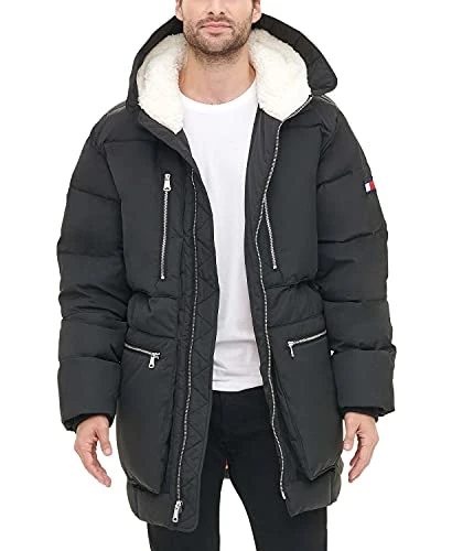 Men's Heavyweight Quilted Sherpa Hooded Parka Coat, Navy, XXL