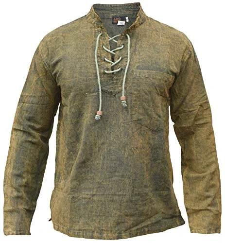 Mens Hemp Cotton Lace Up V Neck Grandad Shirt Stone Washed Green Large