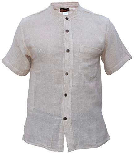 Mens Hemp Plain Button Down Collarless Short Sleeve Shirt Small