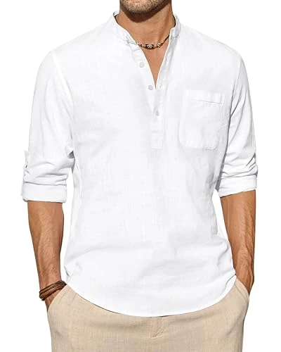 Mens Henley Linen Shirt Casual Grandad Collar Long Sleeve Shirt Lightweight Summer Cotton Beach Shir