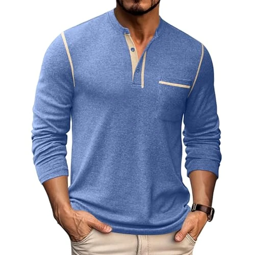 Men's Henley Long Sleeve Shirts Casual Button T hirt Pullover Basic Tees with Pocket, Blue, XXL