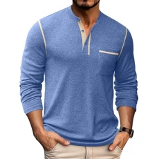 Men's Henley Long Sleeve Shirts Casual Button T hirt Pullover Basic Tees with Pocket, Blue, XXL
