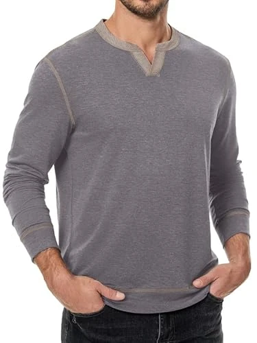 Men's Henley Long Sleeve Shirts Casual Crewneck Fitted Basic Pullover T-Shirt, Grey, Large