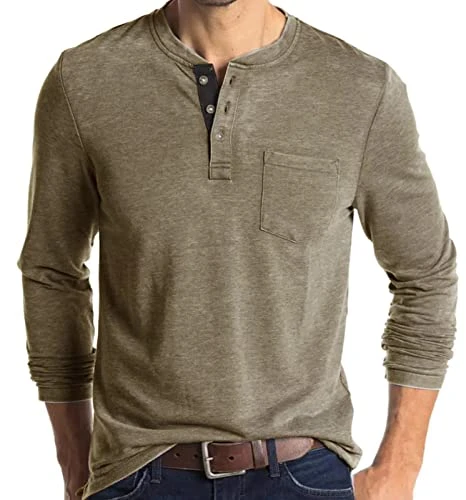 Men's Henley Long Sleeve Shirts Tops with Pocket Round Crew Neck Slim Fit T Shirts Casual Cotton Bottoming Shirt Collarless 3 Button Basic Plain Solid Tee Shirts Grandad Khaki XXL