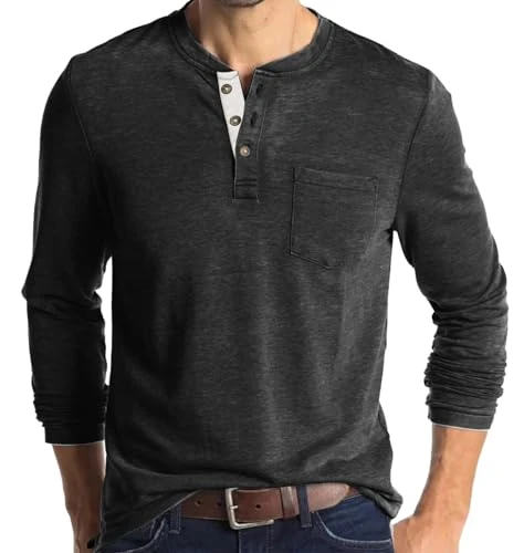 Mens Henley Long/Short Sleeve T-Shirt, Crew Neck Long Sleeve Underwear T-Shirt, Mens Casual Slim Fit