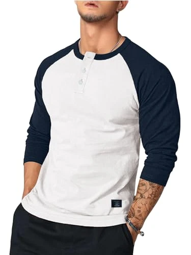 Men's Henley Shirt Fall Crewneck Color Block Slim Fit Long Sleeve T Shirts Workout Button Up Tees, White, XL