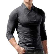 Mens Henley T-Shirt Long Sleeve Casual T Shirt V Neck Fashion Tops Tee Dark Grey S
