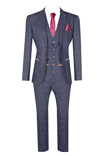 Mens Herringbone Tweed Suit 3 Piece Navy Blue Peaky 1920s Tailored Fit