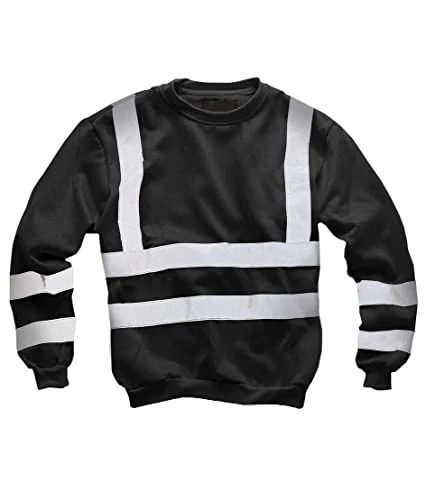 Mens Hi Vis Hoodies 2 Tone Sweatshirt Workwer Tops Pull Over Security Hoody Top (Black with Crew Nec