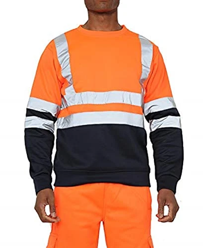 Mens Hi Vis Hoodies 2 Tone Sweatshirt Workwer Tops Pull Over Security Hoody Top (Orange/Navy with Cr