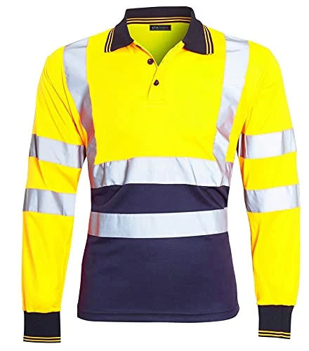 Mens Hi Vis Viz High Visibility Reflective Tape Safety Polo Contrast Long Sleeve Workwear Tee Tshirt