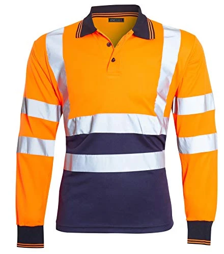 Mens Hi Vis Viz Polo Tshirt Top Long Sleeve Polos Shirt Workwear High Visibility Tee Shirt Orange/Na