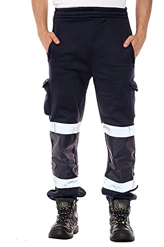 Mens Hi Vis Viz Two Tone Jogging Bottoms Combat Trousers Workwear Joggers Navy