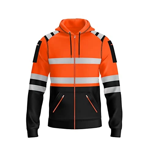 Mens Hi Vis Zip Up Multi Zipper Pockets Safety Work Wear Hoodie Reflective Tape High Viz High Visibility Zipper Hoodie Sweatshirt S-2XL