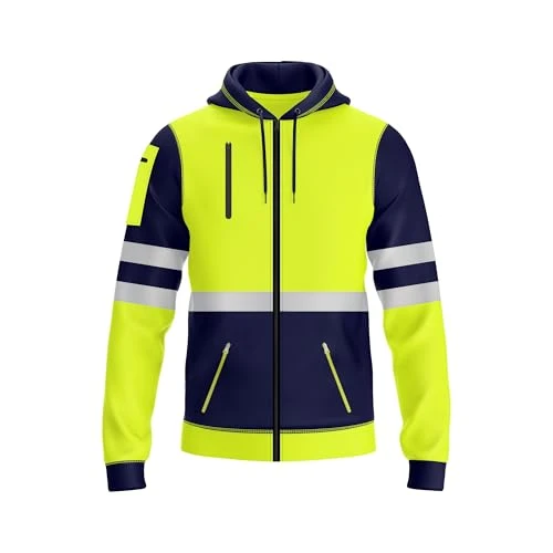 Mens Hi-Viz Front zip Hoodie Reflective Tape High Visibility Safety Coat With 5 Zip Utility Phone & Gadget Pockets Sweatshirt Top Jacket (M, Style 1: Neon Green/Navy)