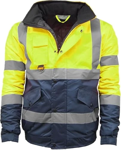 Mens Hi Viz Workwear Bomber Jacket High Visibility Reflective Waterproof Safety Hi Vis Jackets Coat -Yellow-XL