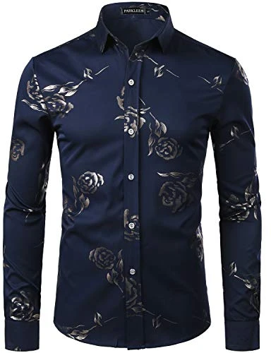 Mens Hipster Gold Rose Printed Slim Fit Long Sleeve Dress Shirts/Prom Performing Shirts PZ56 Navy M