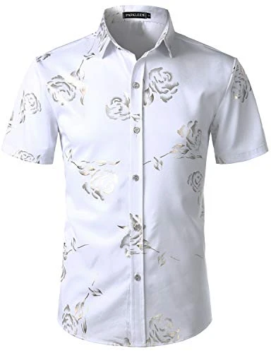 Mens Hipster Gold Rose Printed Slim Fit Short Sleeve Button Down Dress Shirts White Gold L