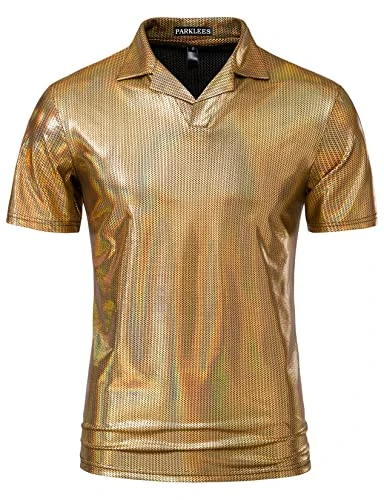 Mens Hipster Metallic Gold Short Sleeve Polo Shirt 70s Disco Nightclub Party T-Shirts Gold XL