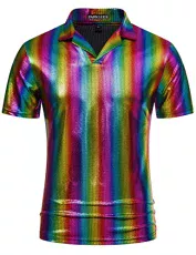 Mens Hipster Metallic Gold Short Sleeve Polo Shirt 70s Disco Nightclub Party T-Shirts, Multicolour, 3XL