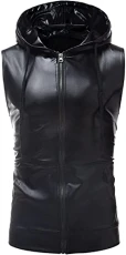 Mens Hipster Metallic Zip Up Sleeveless Hooded Vest T Shirt with Kangaroo Pocket Black M