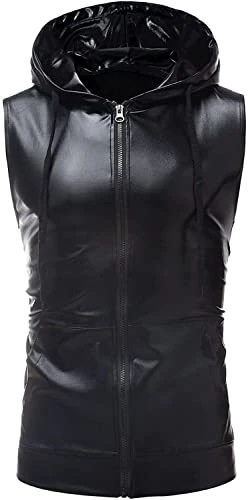 Mens Hipster Metallic Zip Up Sleeveless Hooded Vest T Shirt with Kangaroo Pocket Black M