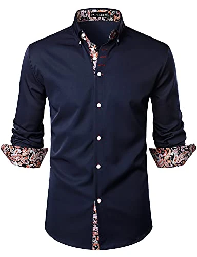 Mens Hipster Paisley Patchwork Design Slim Fit Long Sleeve Button Up Dress Shirts Navy L