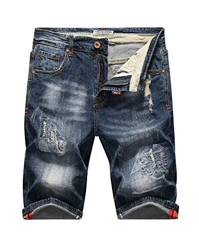 Mens Hole Ripped Straight Shorts Jeans Shorts Knee Length Washed Demin Half Pants Blue 38