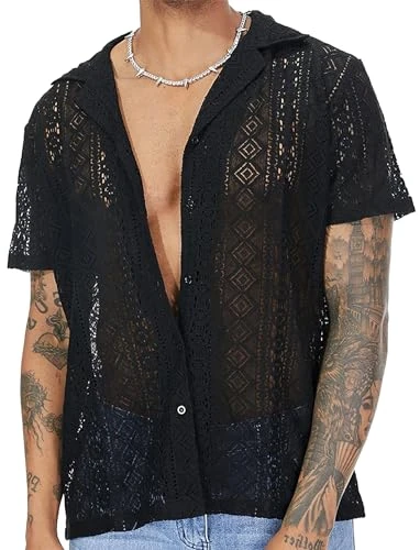 Men’s Hollow Out Lace Shirt Short Sleeve See Through Sheer Tops Collared Button Down Summer Casual