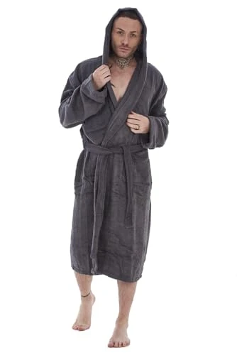 Mens Hooded Bathrobe - M/L - Dark Grey - KM157-G-ML